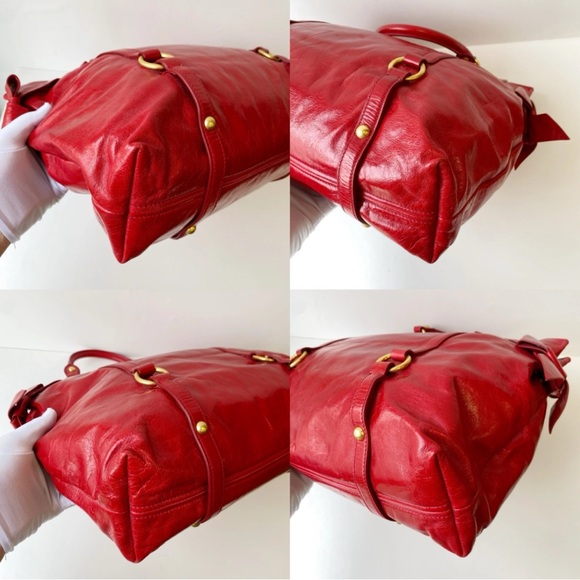 Miu Miu Bow Bag Red Patent Leather Gold Accents X-Body Strap Large Shoulder Bag - Picture 9 of 10